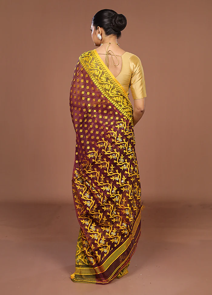 Brown Jamdani Cotton Saree Without Blouse Piece - Image 3
