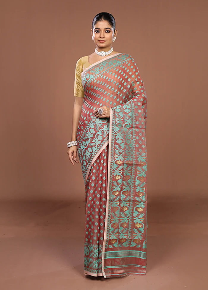 Maroon Jamdani Cotton Saree Without Blouse Piece - Image 2