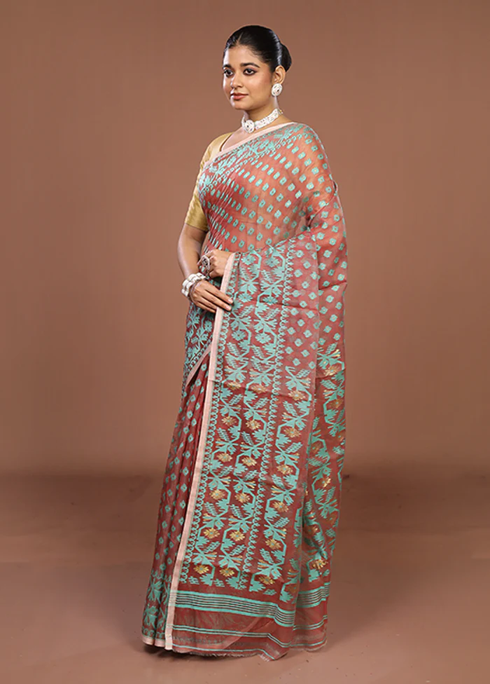 Maroon Jamdani Cotton Saree Without Blouse Piece - Image 4