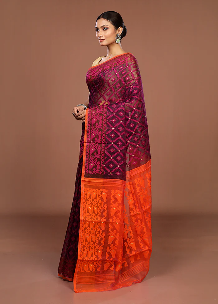 Maroon Jamdani Cotton Saree Without Blouse Piece - Image 4