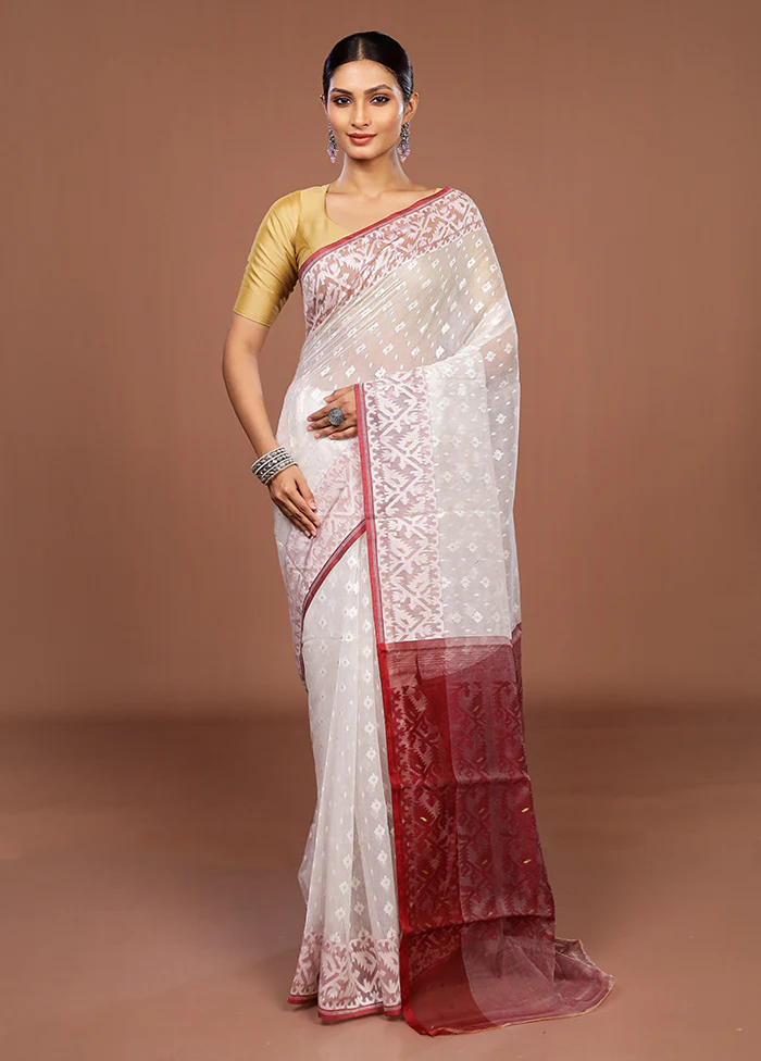 Maroon Jamdani Cotton Saree Without Blouse Piece - Image 2