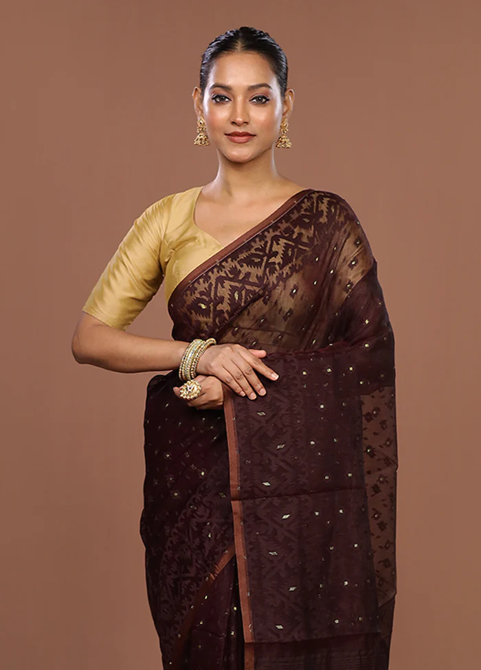Maroon Jamdani Cotton Saree Without Blouse Piece