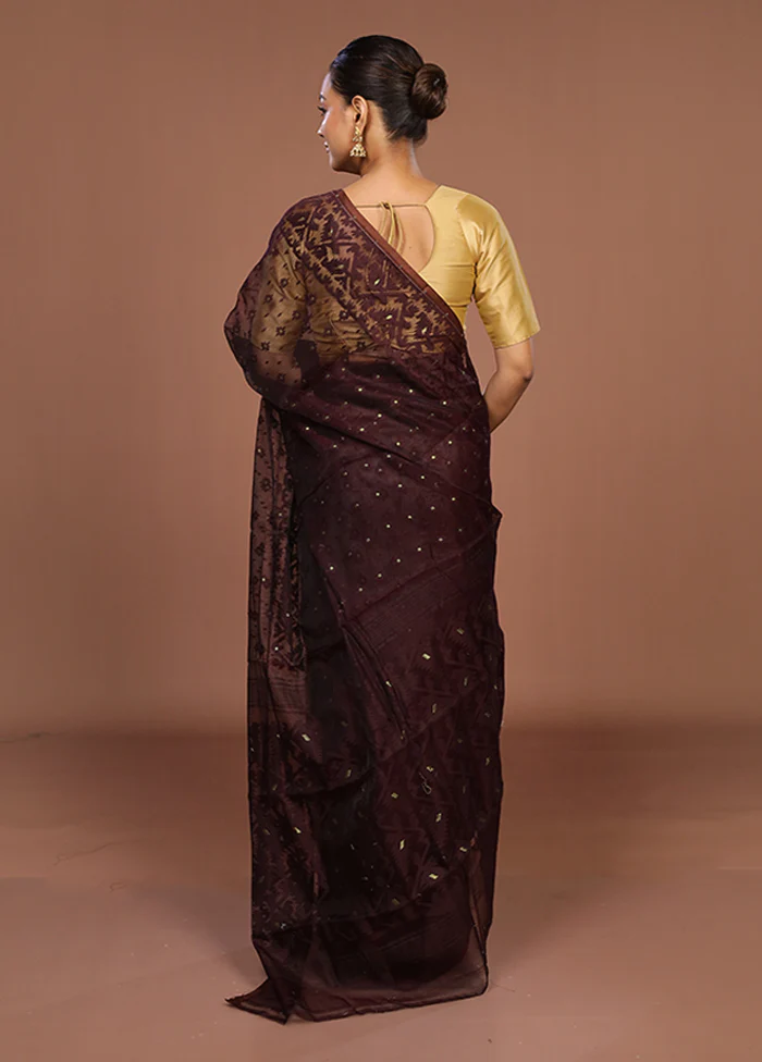 Maroon Jamdani Cotton Saree Without Blouse Piece - Image 3
