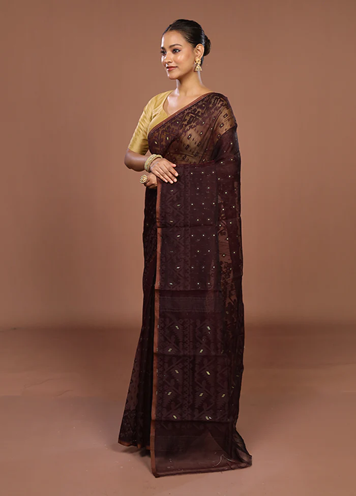 Maroon Jamdani Cotton Saree Without Blouse Piece - Image 4