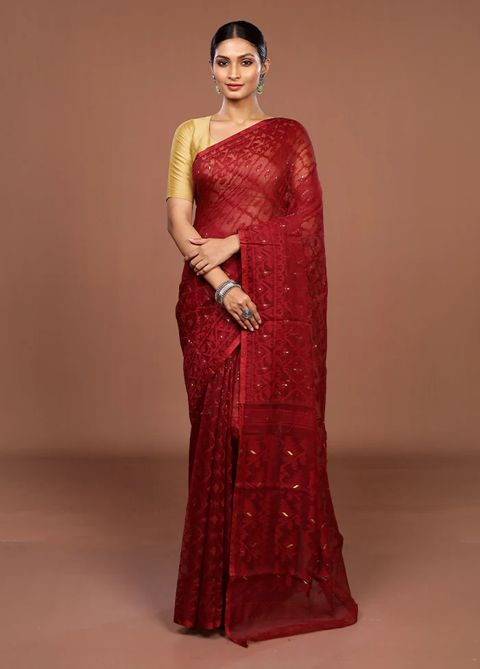 Maroon Jamdani Cotton Saree Without Blouse Piece - Image 2