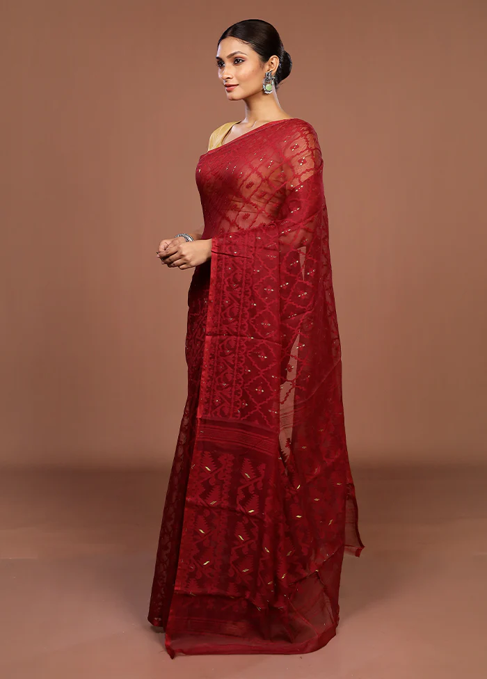 Maroon Jamdani Cotton Saree Without Blouse Piece - Image 4