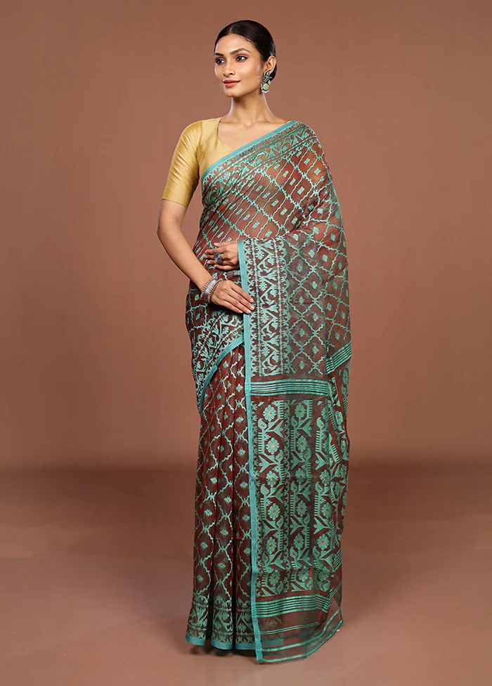 Maroon Jamdani Cotton Saree Without Blouse Piece - Image 2