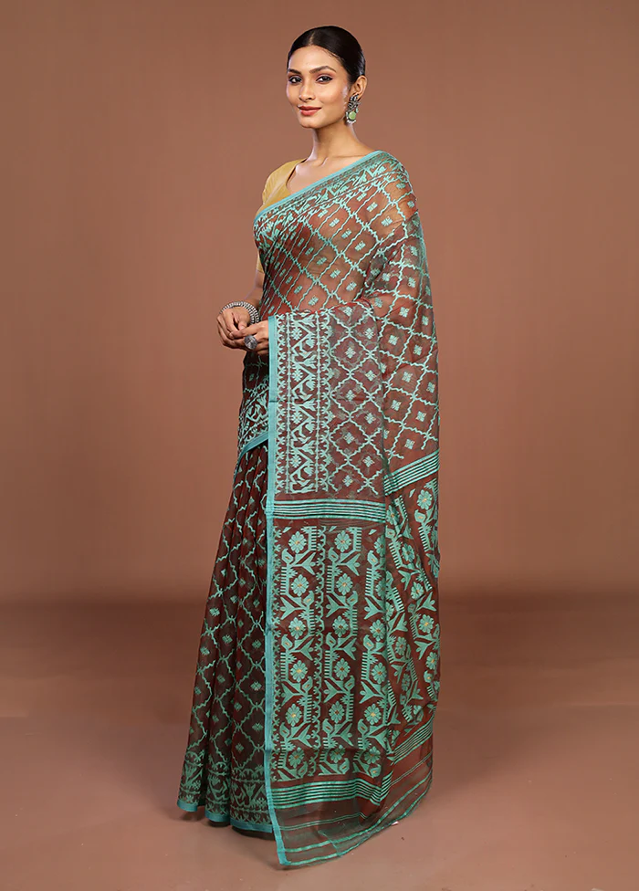 Maroon Jamdani Cotton Saree Without Blouse Piece - Image 4