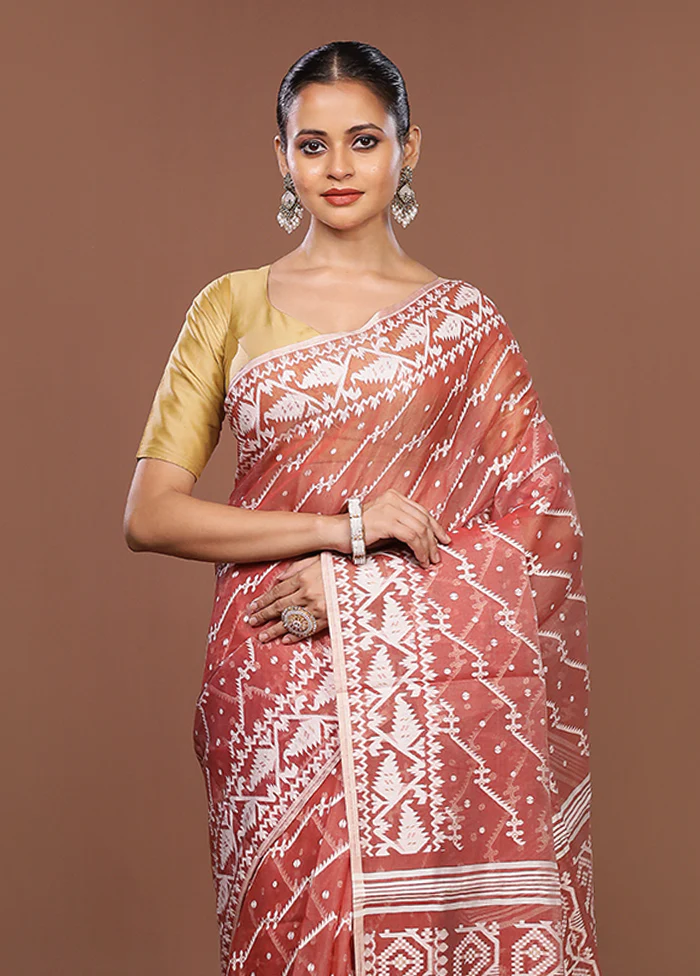 Maroon Jamdani Cotton Saree Without Blouse Piece
