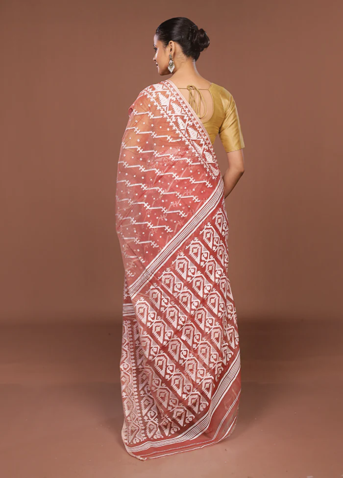 Maroon Jamdani Cotton Saree Without Blouse Piece - Image 3