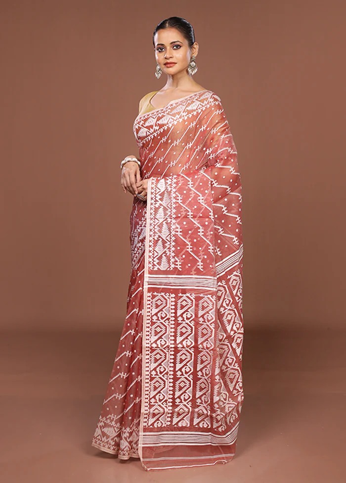 Maroon Jamdani Cotton Saree Without Blouse Piece - Image 4
