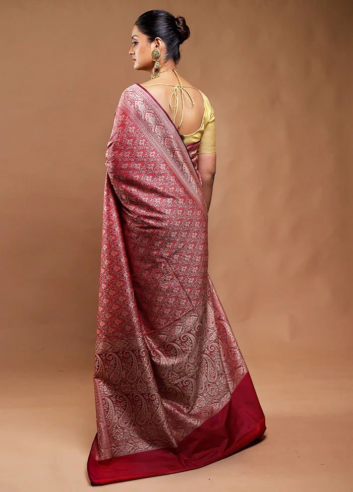 Maroon Jamewar Silk Saree With Blouse Piece - Image 3