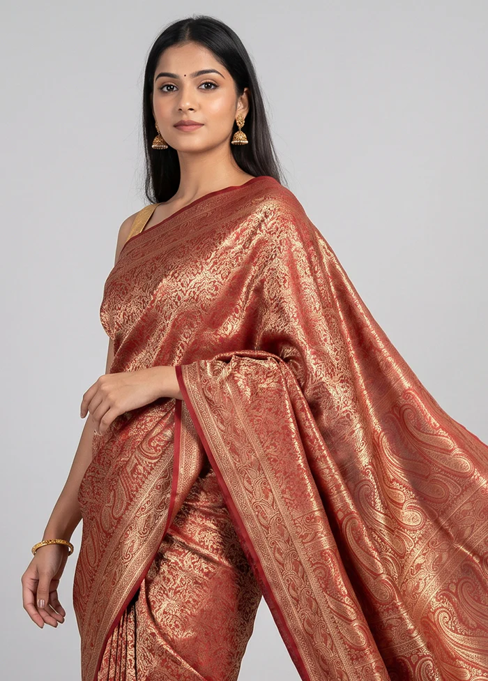 Maroon Jamewar Silk Saree With Blouse Piece - Image 2