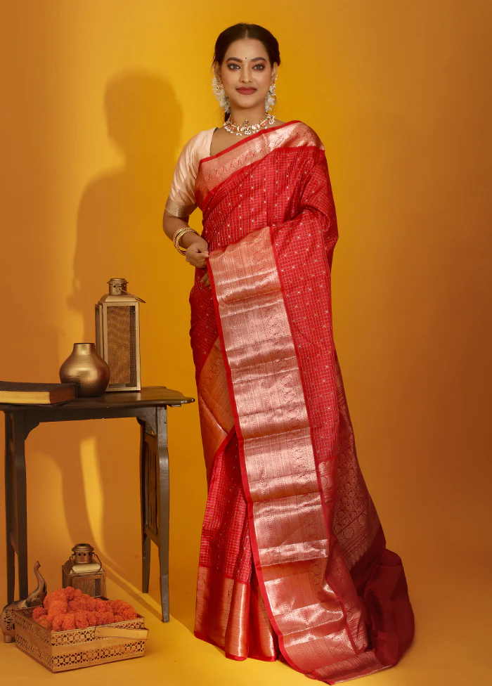 Maroon Pure Dharmavaram Kanjivaram Silk Saree With Blouse Piece - Image 2