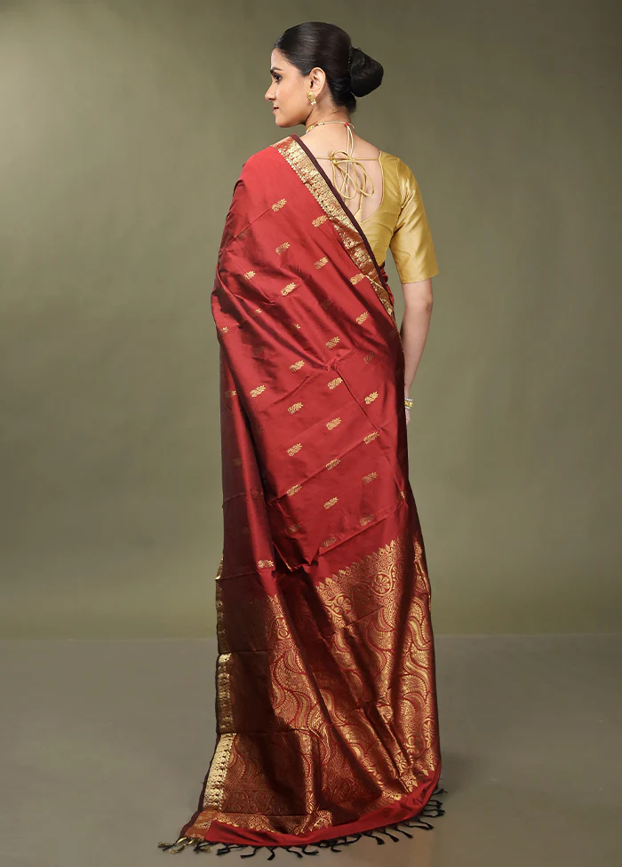 Maroon Kanjivaram Silk Saree With Blouse Piece - Image 3