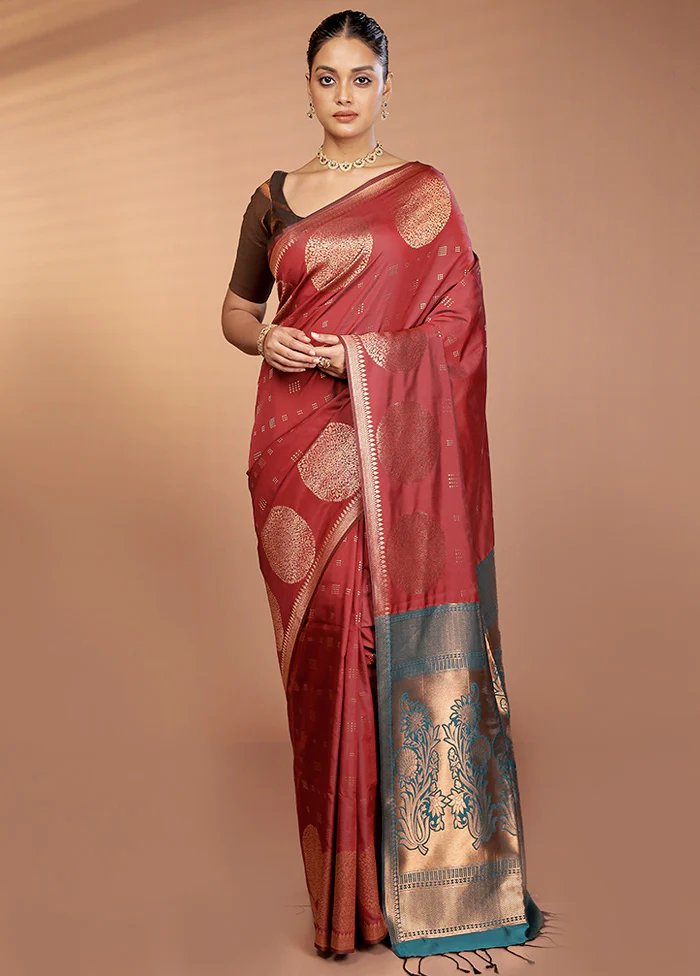 Maroon Kanjivaram Silk Saree With Blouse Piece - Image 2