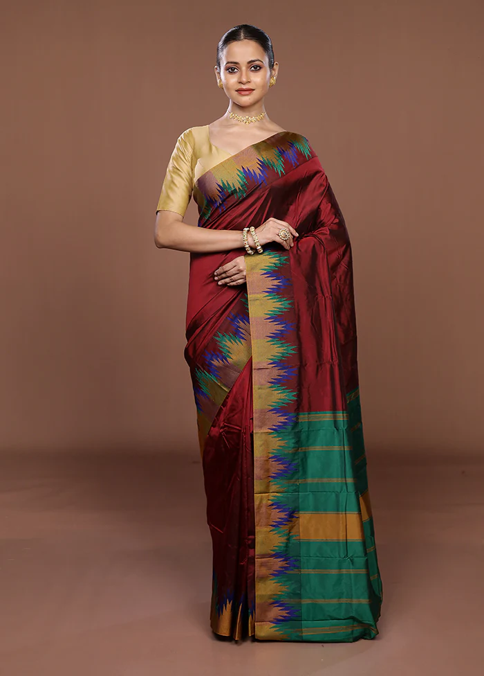 Maroon Kanjivaram Silk Saree With Blouse Piece - Image 2