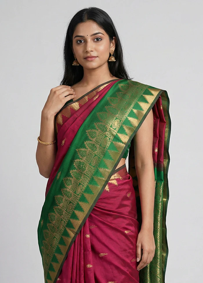 Maroon Kanjivaram Silk Saree With Blouse Piece - Image 2