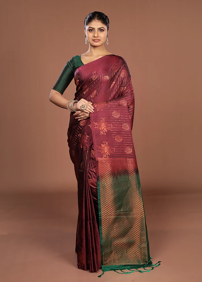 Maroon Kanjivaram Silk Saree With Blouse Piece - Image 2