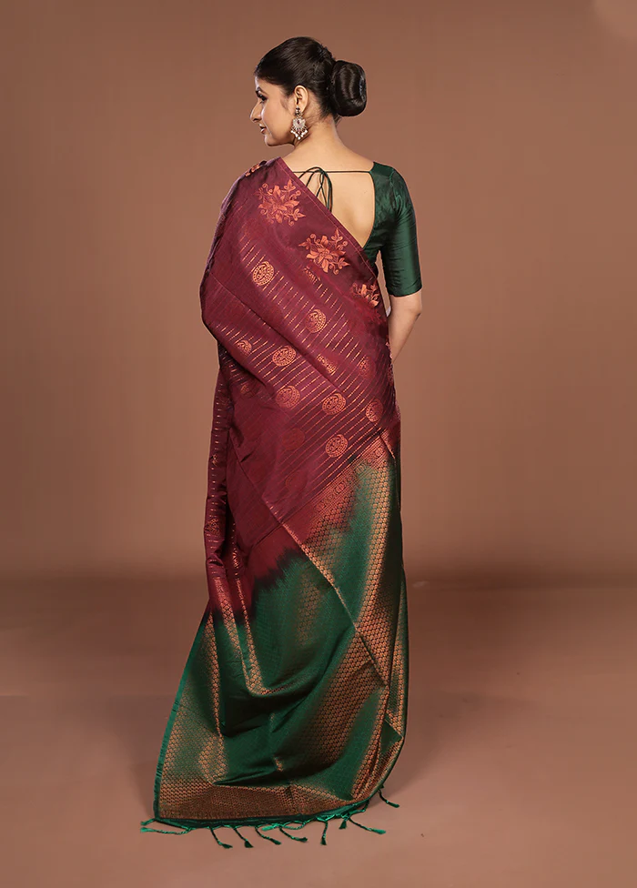 Maroon Kanjivaram Silk Saree With Blouse Piece - Image 3
