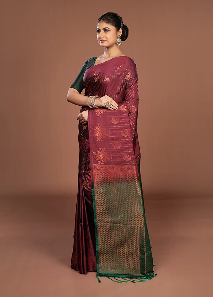 Maroon Kanjivaram Silk Saree With Blouse Piece - Image 4