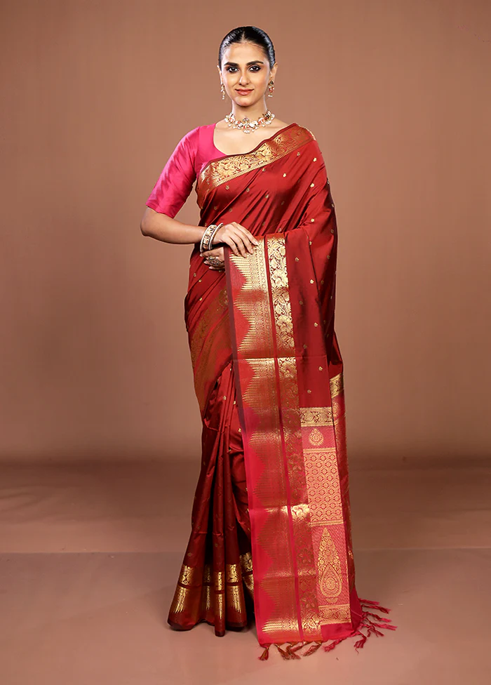 Maroon Kanjivaram Silk Saree With Blouse Piece - Image 2