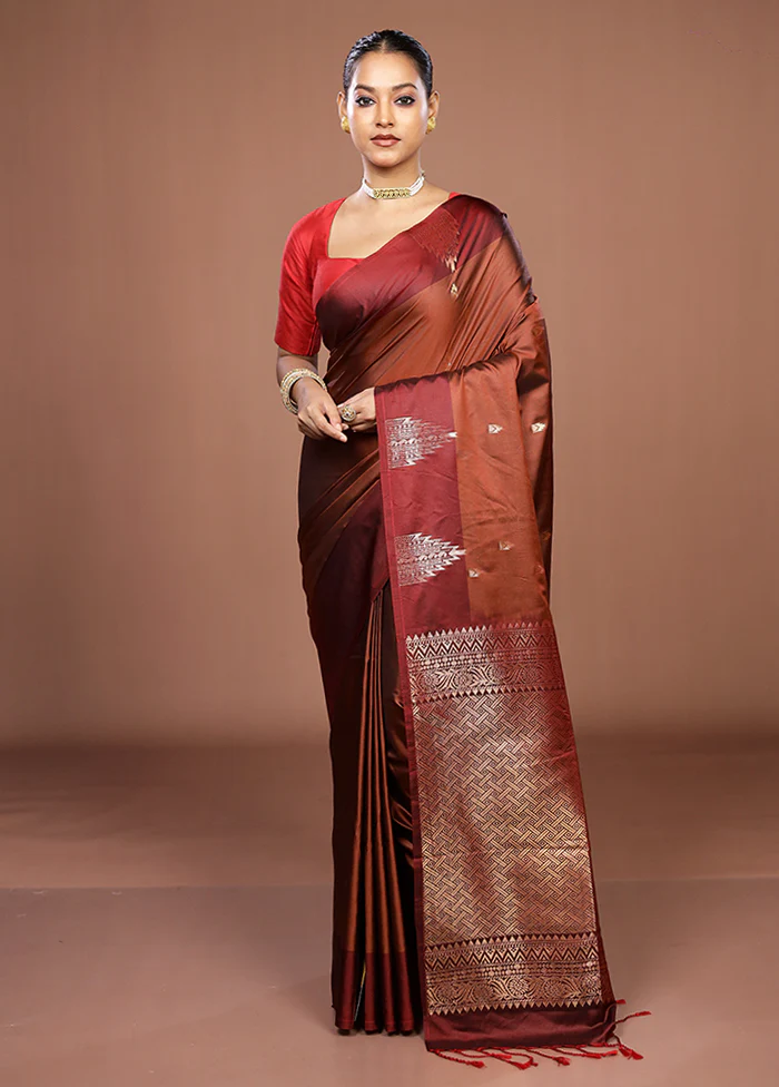 Maroon Kanjivaram Silk Saree With Blouse Piece - Image 2