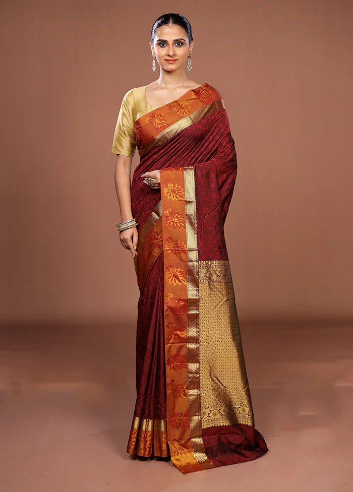 Maroon Kanjivaram Silk Saree With Blouse Piece - Image 2