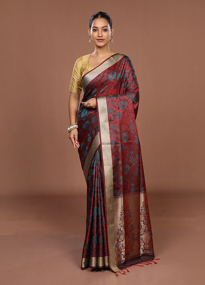 Maroon Kanjivaram Silk Saree With Blouse Piece - Image 2