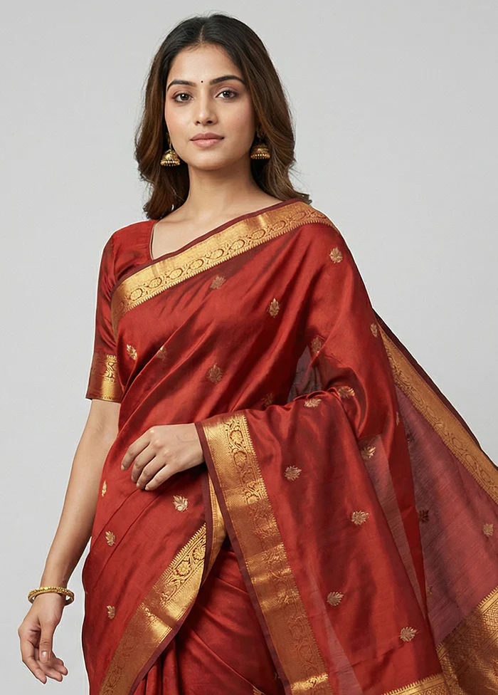 Maroon Kanjivaram Silk Saree With Blouse Piece - Image 2