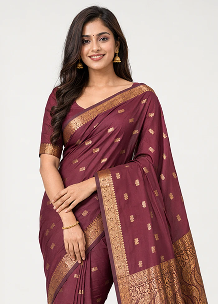 Maroon Kanjivaram Silk Saree With Blouse Piece - Image 2