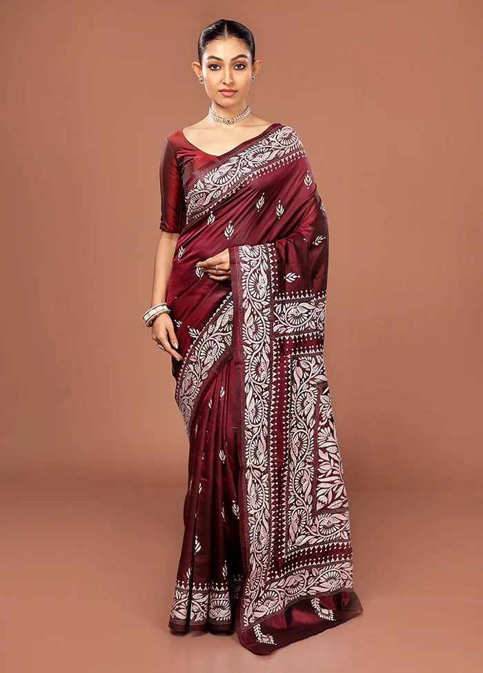 Maroon Kantha Stitch Pure Silk Saree With Blouse Piece - Image 2