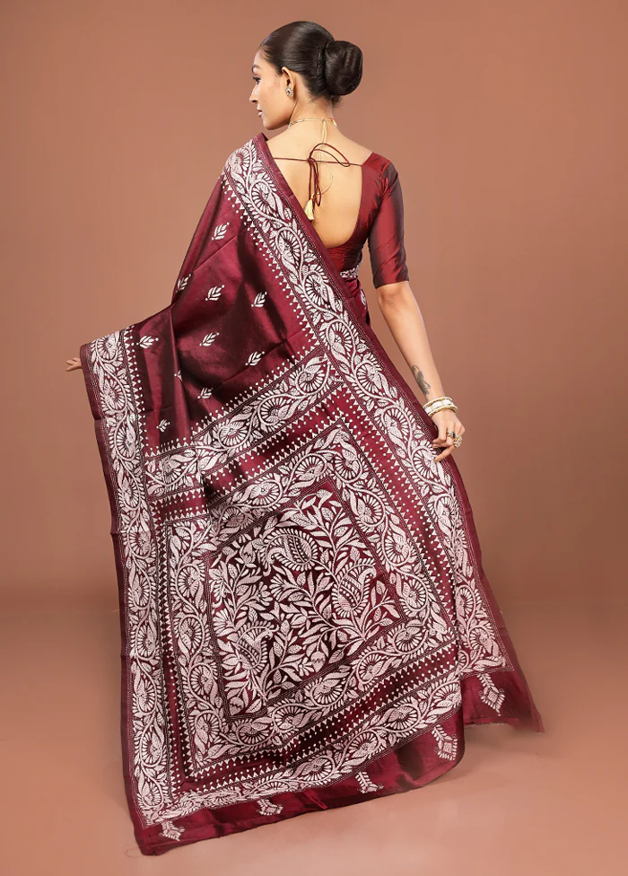 Maroon Kantha Stitch Pure Silk Saree With Blouse Piece - Image 3