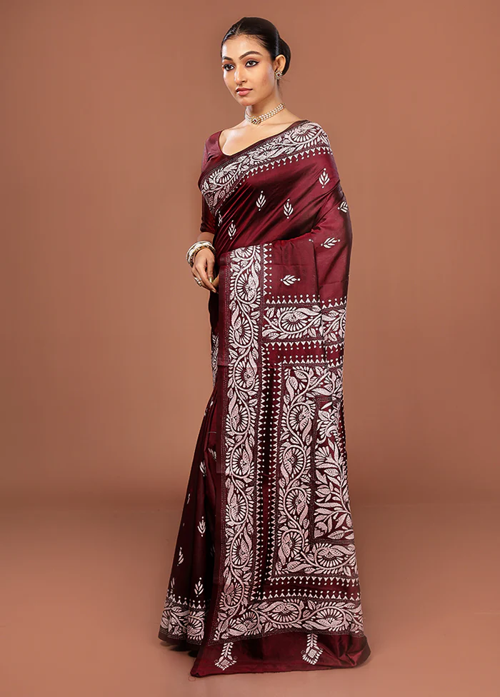 Maroon Kantha Stitch Pure Silk Saree With Blouse Piece - Image 4