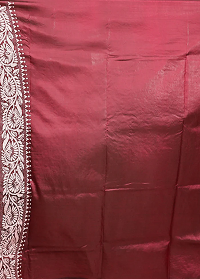 Maroon Kantha Stitch Pure Silk Saree With Blouse Piece - Image 5