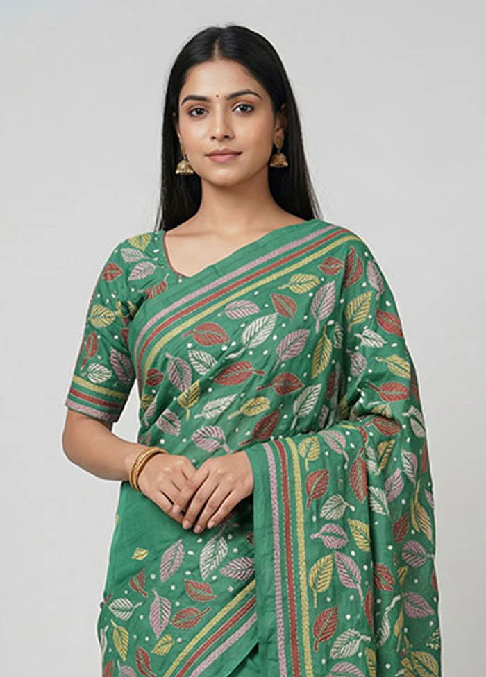 Green Kantha Stitch Silk Saree With Blouse Piece - Image 2