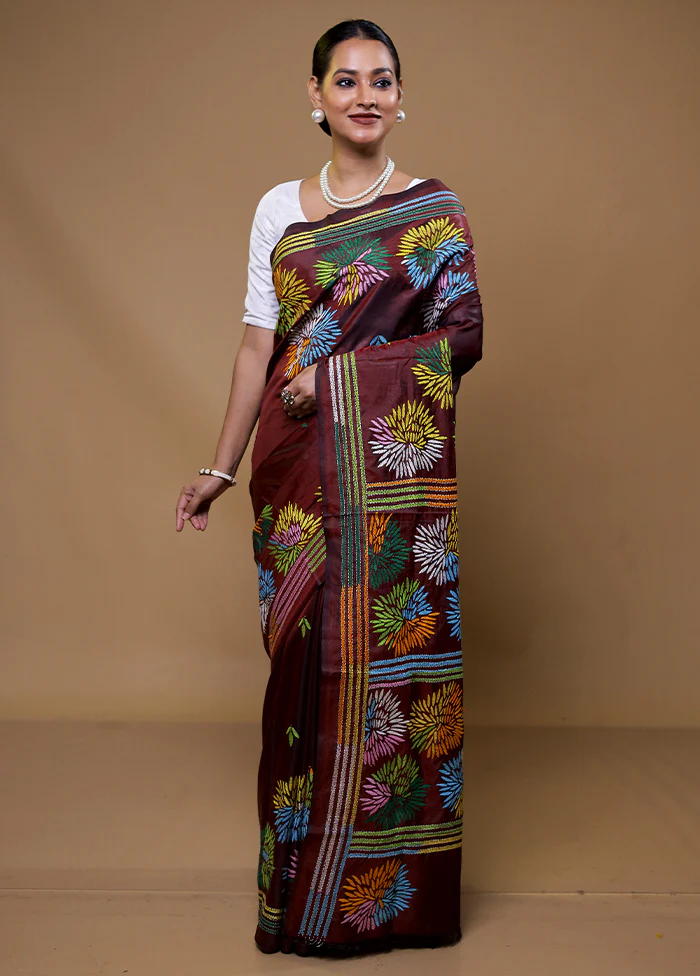 Maroon Kantha Stitch Silk Saree With Blouse Piece - Image 2