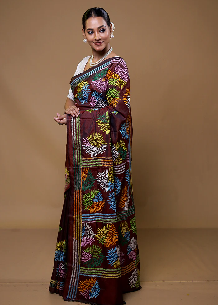 Maroon Kantha Stitch Silk Saree With Blouse Piece - Image 4