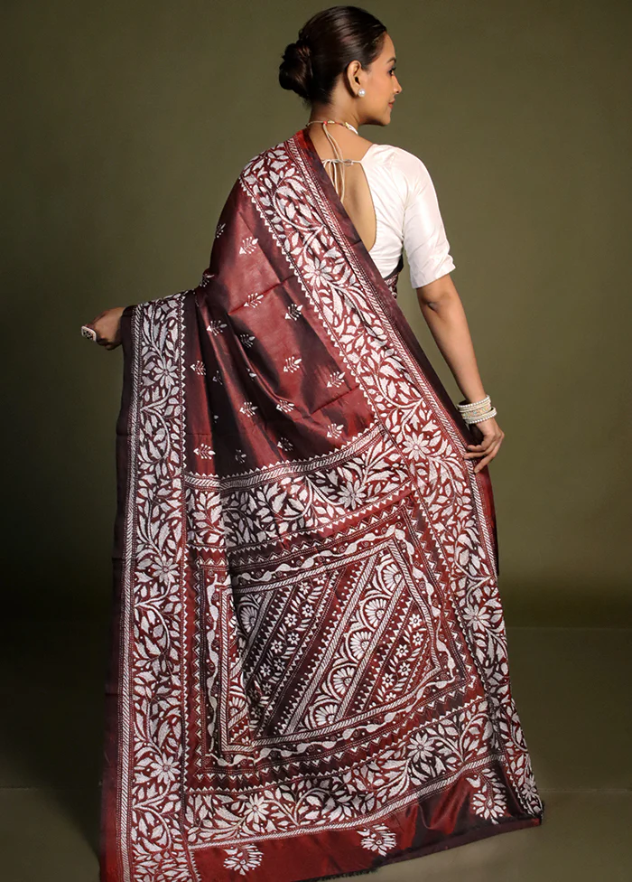 Maroon Kantha Stitch Silk Saree With Blouse Piece - Image 3