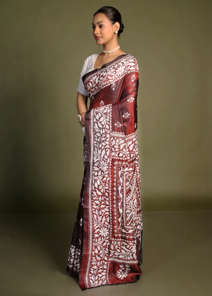 Maroon Kantha Stitch Silk Saree With Blouse Piece - Image 4