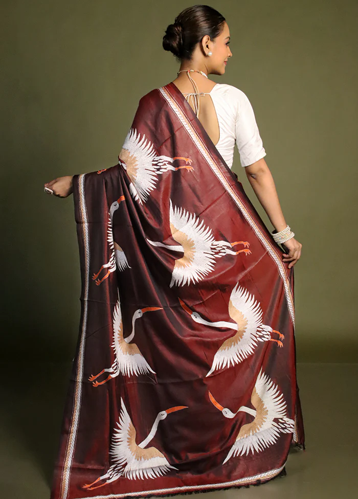 Maroon Kantha Stitch Silk Saree With Blouse Piece - Image 3