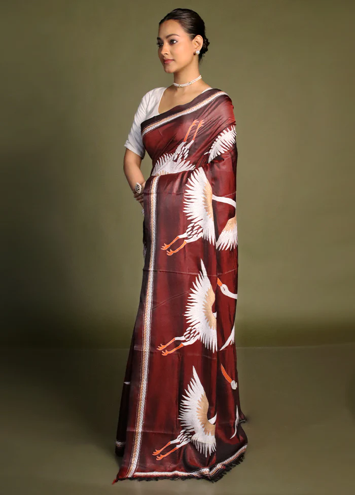 Maroon Kantha Stitch Silk Saree With Blouse Piece - Image 4