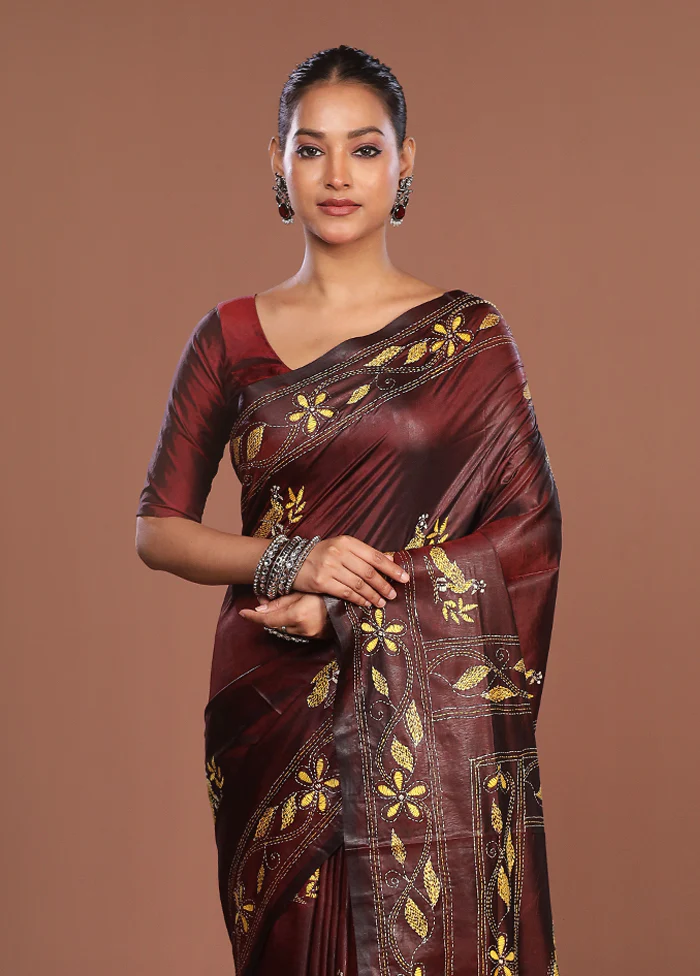 Maroon Kantha Stitch Silk Saree With Blouse Piece