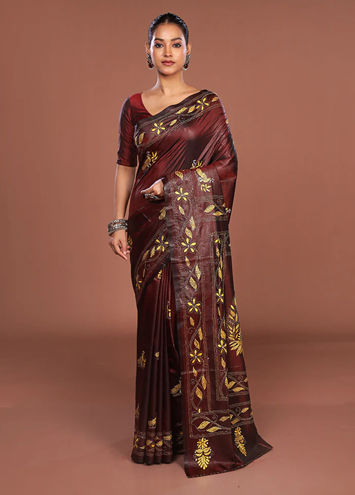 Maroon Kantha Stitch Silk Saree With Blouse Piece - Image 2