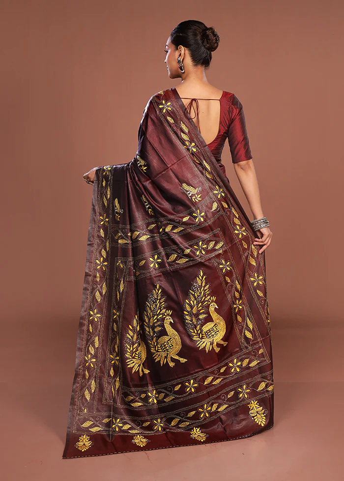 Maroon Kantha Stitch Silk Saree With Blouse Piece - Image 3