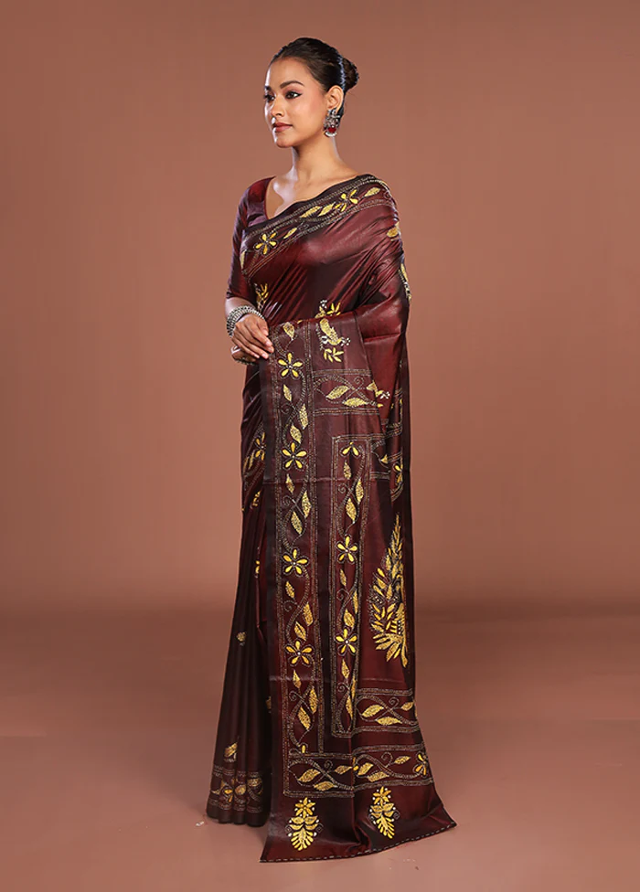 Maroon Kantha Stitch Silk Saree With Blouse Piece - Image 4