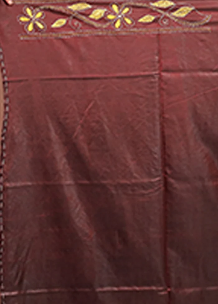 Maroon Kantha Stitch Silk Saree With Blouse Piece - Image 5