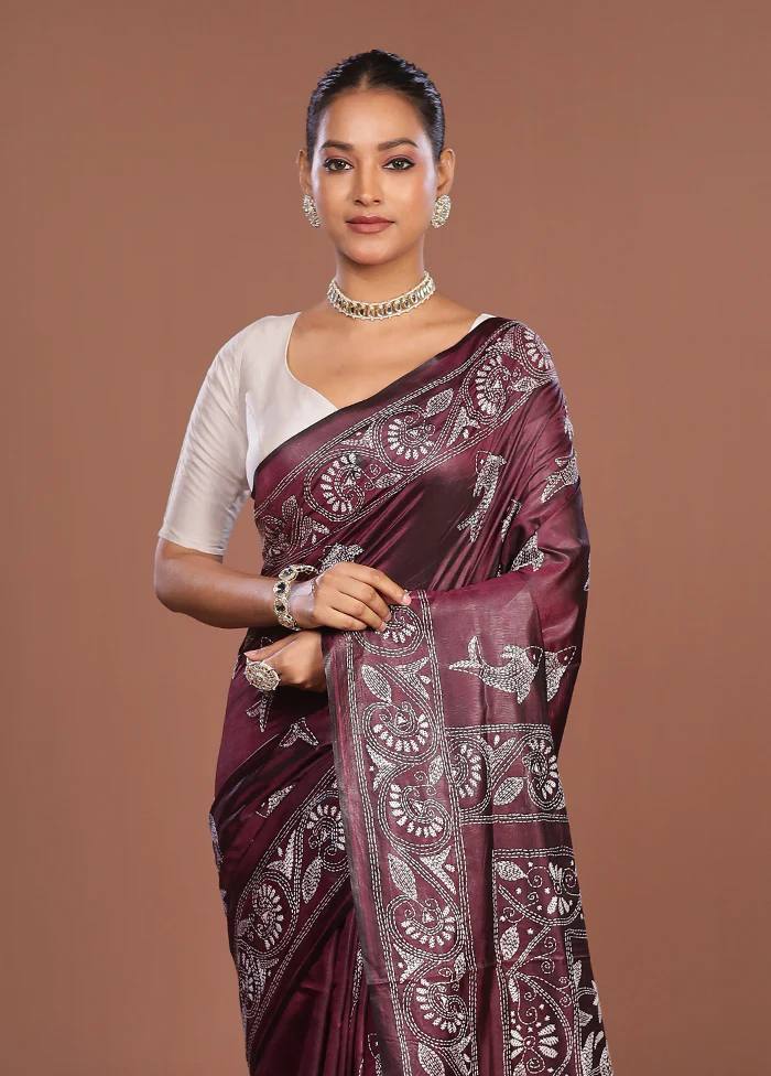 Maroon Kantha Stitch Silk Saree With Blouse Piece