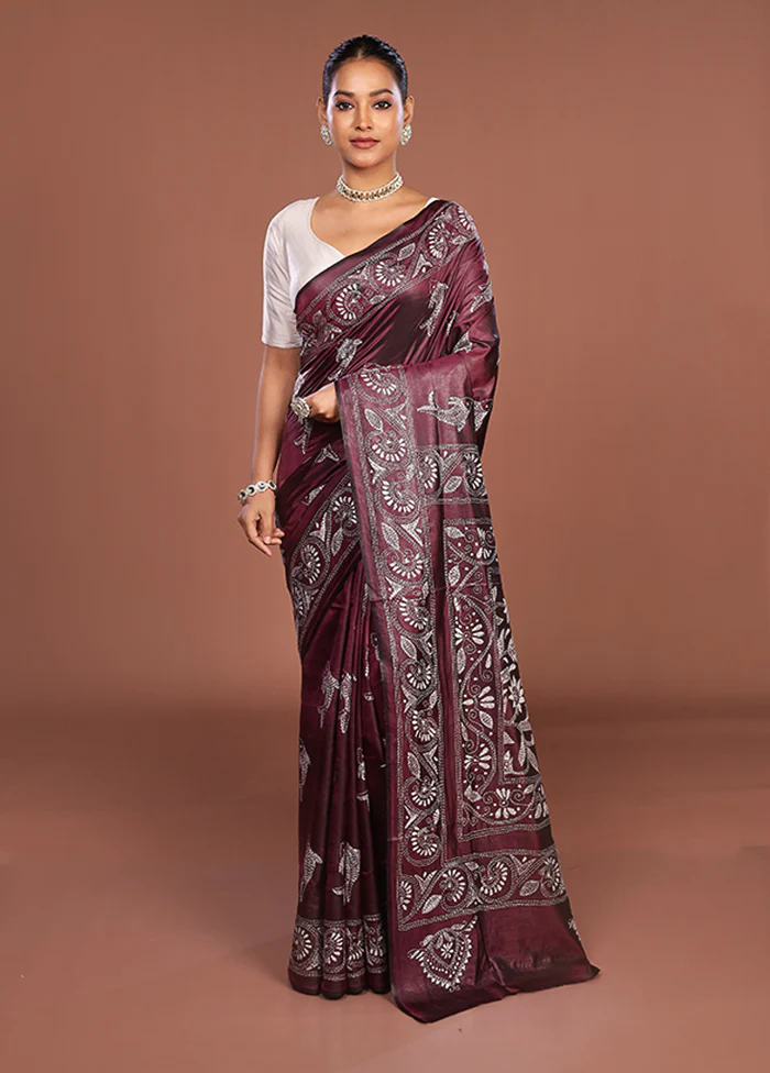 Maroon Kantha Stitch Silk Saree With Blouse Piece - Image 2