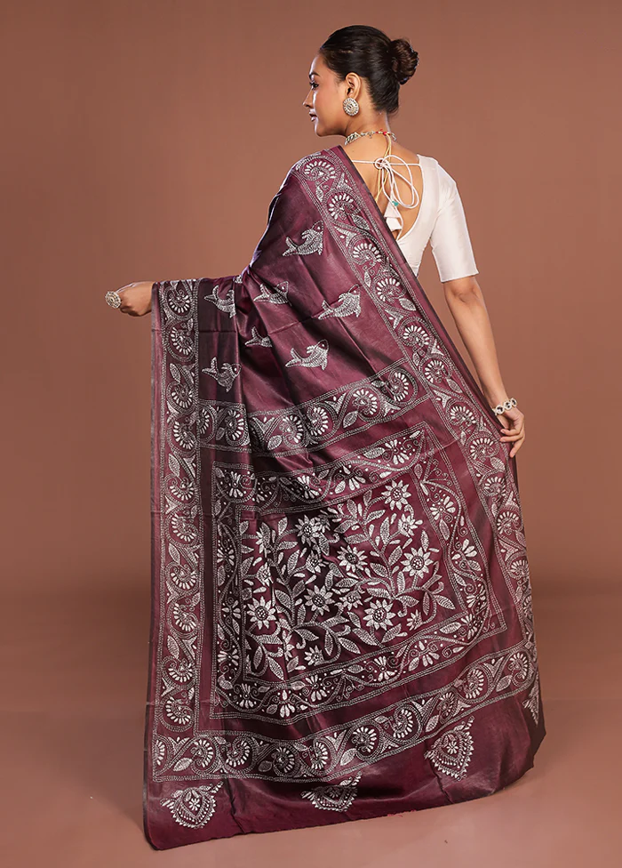 Maroon Kantha Stitch Silk Saree With Blouse Piece - Image 3